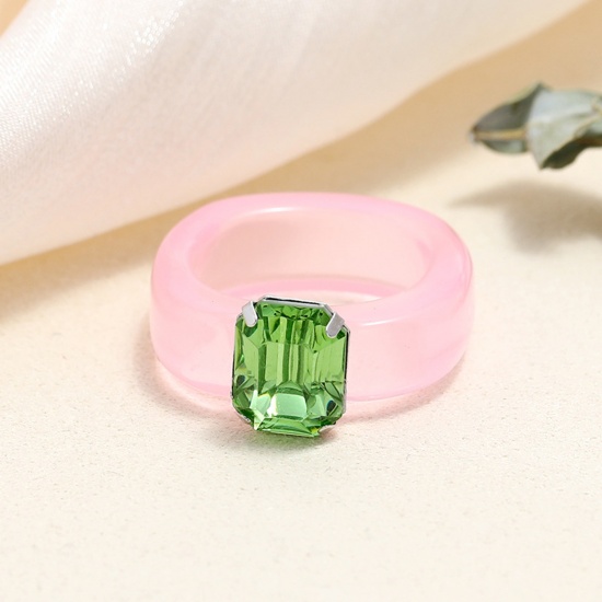 Picture of Resin Unadjustable Rings Pink Geometric Green Cubic Zirconia 1 Piece