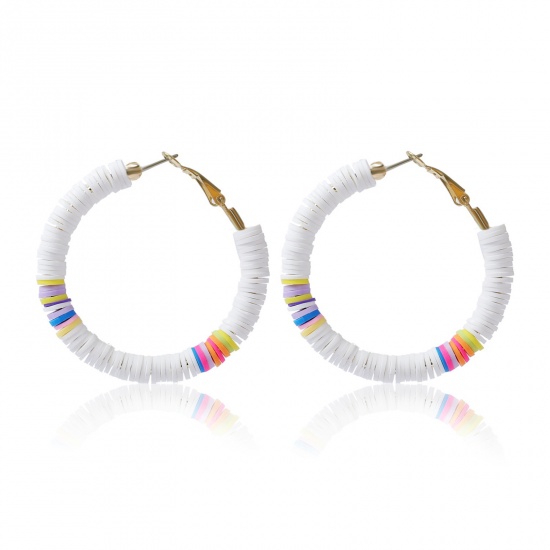 Picture of Polymer Clay Boho Chic Bohemia Hoop Earrings White Round 50mm Dia, 1 Pair