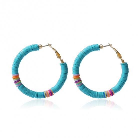 Picture of Polymer Clay Boho Chic Bohemia Hoop Earrings Blue Round 50mm Dia, 1 Pair