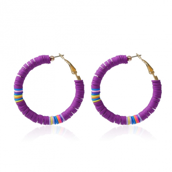 Picture of Polymer Clay Boho Chic Bohemia Hoop Earrings Purple Round 50mm Dia, 1 Pair