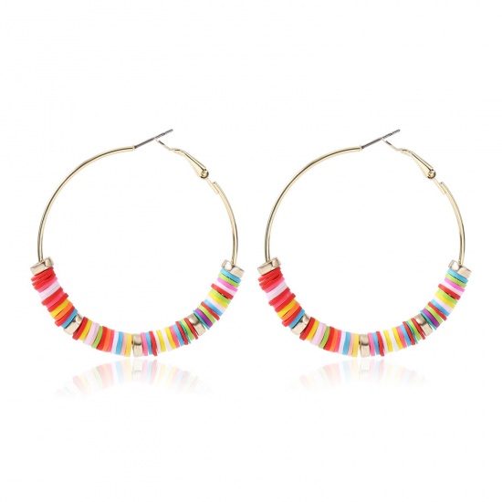 Picture of Polymer Clay Boho Chic Bohemia Hoop Earrings Multicolor Round 50mm Dia, 1 Pair