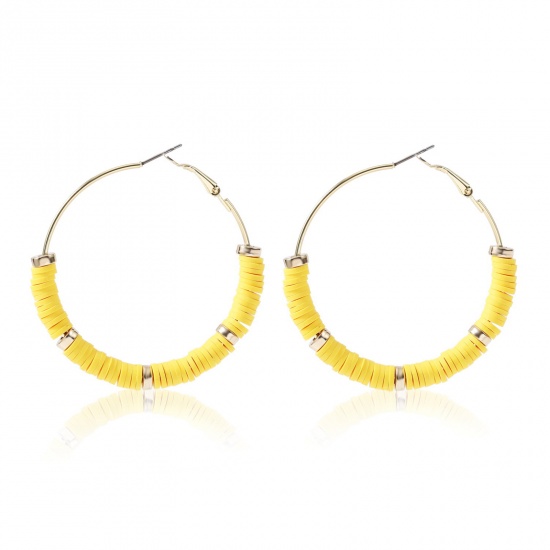 Picture of Polymer Clay Boho Chic Bohemia Hoop Earrings Yellow Round 50mm Dia, 1 Pair