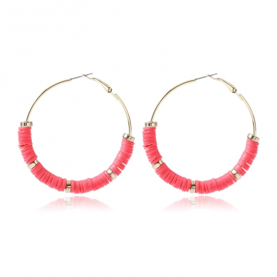 Picture of Polymer Clay Boho Chic Bohemia Hoop Earrings Watermelon Red Round 50mm Dia, 1 Pair