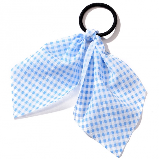 Picture of Fabric Hair Ties Band White & Blue Grid Checker 21.5cm x 11.5cm, 1 Piece