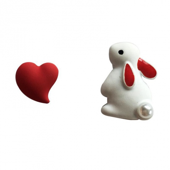 Bild von Sterling Silber Ohrring Ohrstecker Weiß & Rot Herz Hase Imitat Perle 15mm, 1 Paar