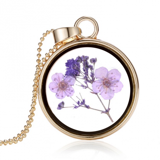 Picture of Real Dried Flower Necklace Gold Plated Purple Round 45cm(17 6/8") long, 1 Piece