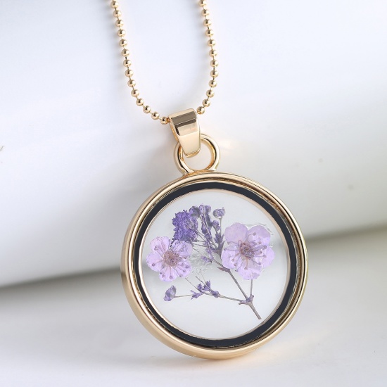 Picture of Real Dried Flower Necklace Gold Plated Purple Round 45cm(17 6/8") long, 1 Piece