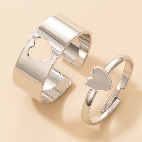 Picture of Valentine's Day Adjustable Rings Silver Tone Heart 2 Sets ( 2 PCs/Set)
