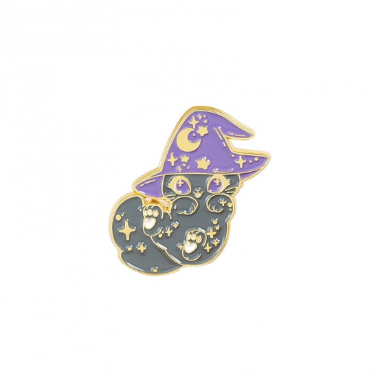 Picture of Pin Brooches Halloween Witch Hat Cat Purple & Green Enamel 31mm x 23mm, 1 Piece