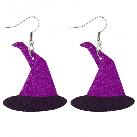 Picture of PU Leather Earrings Black & Purple Halloween Witch Hat Glitter 70mm x 41mm, 1 Pair