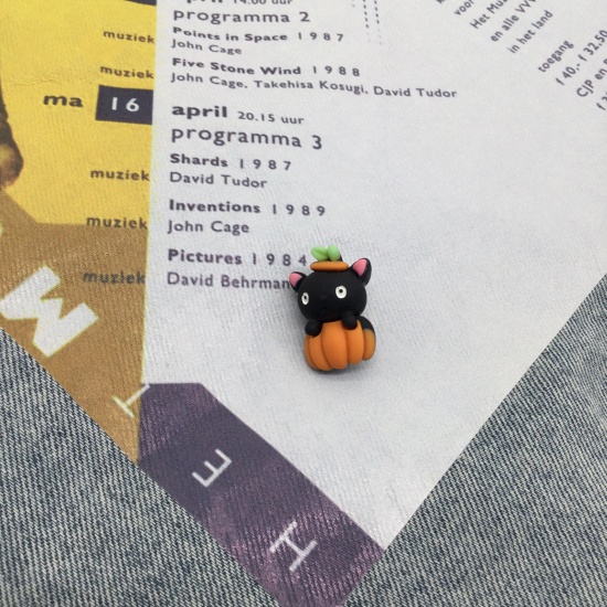 Picture of Plastic Pin Brooches Cat Animal Halloween Pumpkin Black & Orange 20mm x 20mm, 1 Piece