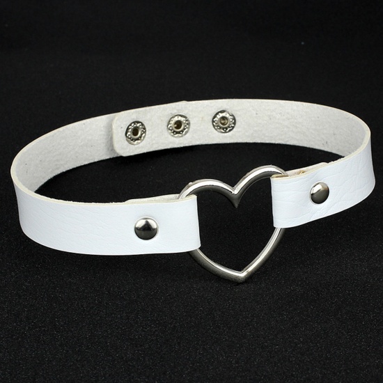 Picture of PU Leather Choker Necklace Silver Tone White Heart Adjustable 32cm(12 5/8") long, 1 Piece