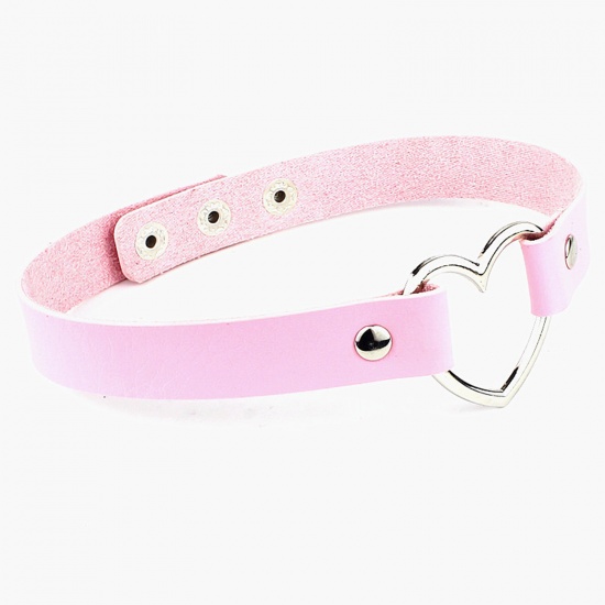 Picture of PU Leather Choker Necklace Silver Tone Pink Heart Adjustable 32cm(12 5/8") long, 1 Piece