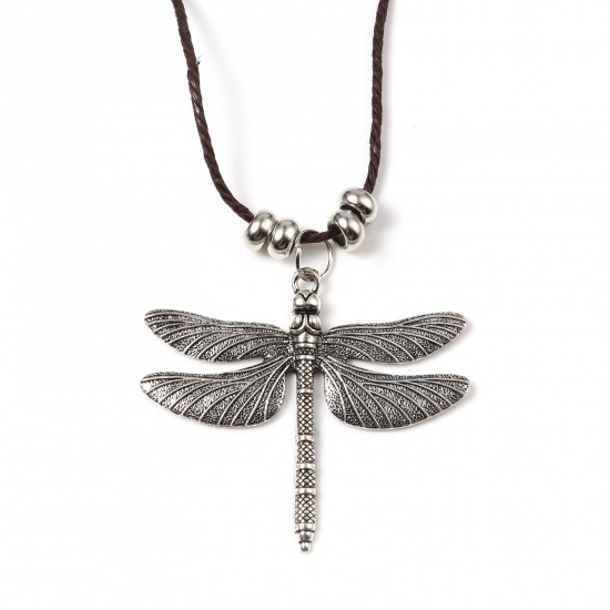 Picture of Zinc Based Alloy & Polyester Insect Sweater Necklace Long Antique Silver Color Coffee Dragonfly Animal 85cm(33 4/8") long, 2 PCs