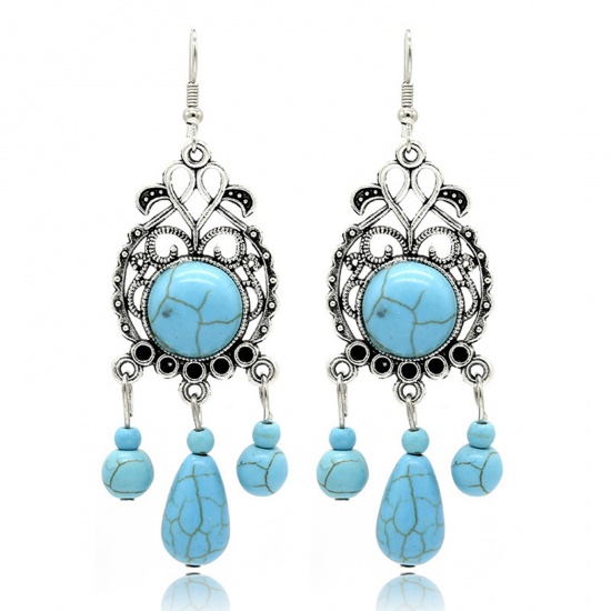 Picture of Boho Chic Bohemia Earrings Antique Silver Color Blue Drop With Resin Cabochons 80mm x 25mm, 1 Pair