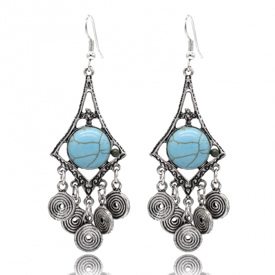 Picture of Boho Chic Bohemia Earrings Antique Silver Color Blue Geometric With Resin Cabochons 80mm x 25mm, 1 Pair