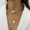 Picture of Baroque Y Shaped Lariat Necklace Gold Plated White Imitation Pearl 40cm(15 6/8") long, 1 Piece