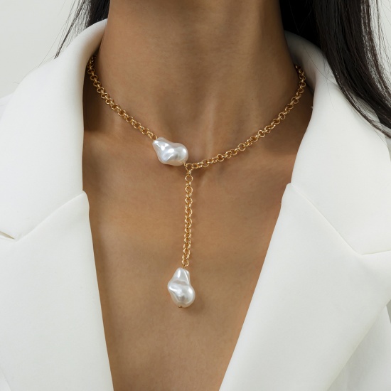 Immagine di Barocco Lariat Collana Oro Placcato Bianco Imitata Perla 40cmLunghezza, 1 Pz