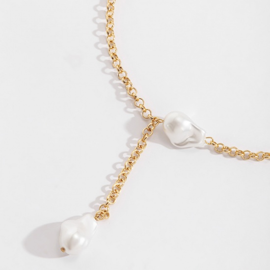 Image de Collier Lariat en Forme de Y Baroque Doré Blanc Imitation Perles 40cm long, 1 Pièce