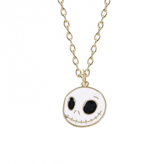 Picture of Halloween Necklace Gold Plated White Skull Enamel 45cm(17 6/8") long, 1 Piece