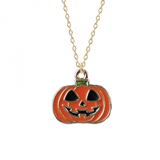 Immagine di Collana Oro Placcato Arancione Halloween Zucca Smalto 45cm Lunghezza, 1 Pz