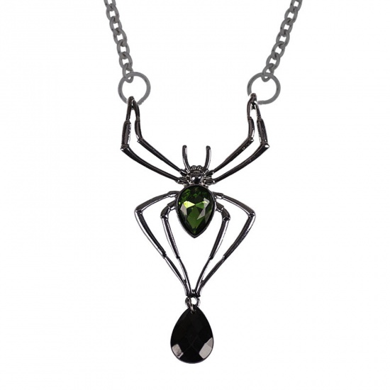 Picture of Necklace Gunmetal Halloween Spider Animal Black & Green Cubic Zirconia 45cm(17 6/8") long, 1 Piece