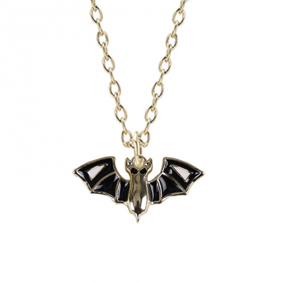 Picture of Necklace Gold Plated Black Halloween Bat Animal Enamel 45cm(17 6/8") long, 1 Piece