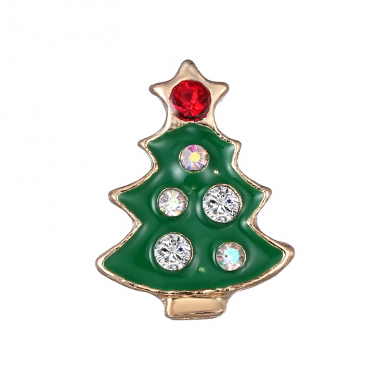 Picture of Pin Brooches Christmas Tree Gold Plated Green Enamel Multicolor Rhinestone 1 Piece