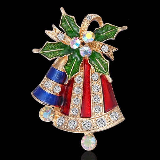 Picture of Pin Brooches Christmas Jingle Bell Gold Plated Blue & Green Enamel AB Color Rhinestone 45mm x 30mm, 1 Piece