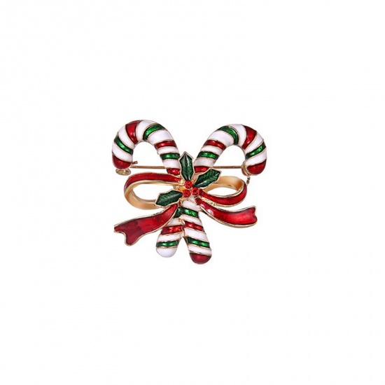 Picture of Pin Brooches Christmas Candy Cane Gold Plated Green Enamel Red Rhinestone 38mm x 35mm, 1 Piece