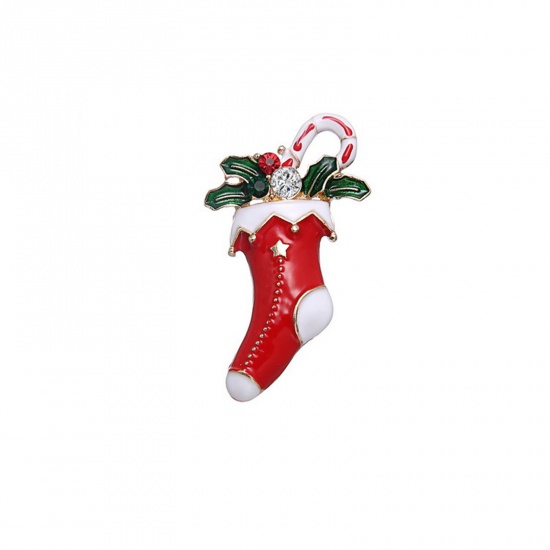 Picture of Pin Brooches Christmas Stocking Gold Plated Multicolor Enamel Clear & Red Rhinestone 50mm x 27mm, 1 Piece
