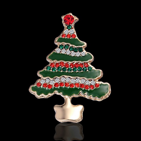 Picture of Pin Brooches Christmas Tree Gold Plated Green Enamel Multicolor Rhinestone 38mm x 23mm, 1 Piece