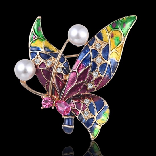 Picture of Christmas Pin Brooches Butterfly Animal Gold Plated Multicolor Imitation Pearl Purple & Transparent Rhinestone 43mm x 43mm, 1 Piece
