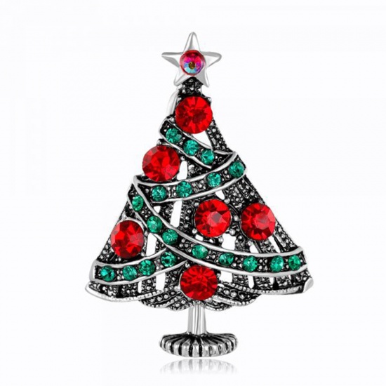 Picture of Pin Brooches Christmas Tree Gunmetal Red & Green Rhinestone 1 Piece