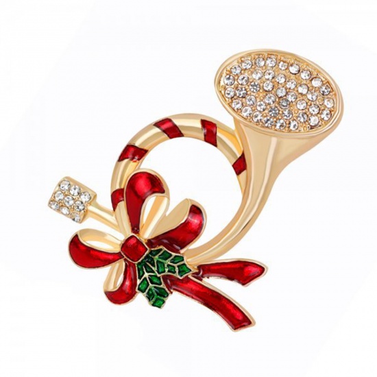 Picture of Christmas Pin Brooches Musical Instrument Bugle Gold Plated Red & Green Enamel Clear Rhinestone 1 Piece