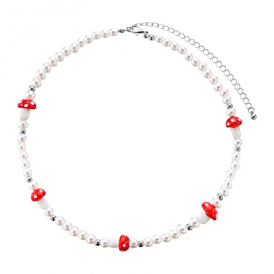 Picture of Acrylic Beaded Necklace Silver Tone White & Red Mushroom Imitation Pearl 40cm(15 6/8") long, 1 Piece