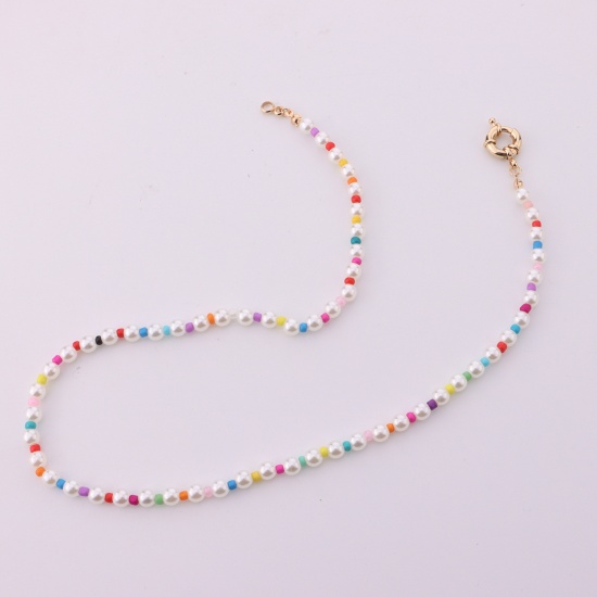 Picture of Plastic Beaded Necklace Gold Plated Multicolor Circle Ring Imitation Pearl 45cm(17 6/8") long, 1 Piece