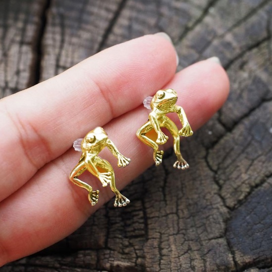 Picture of Ear Jacket Stud Earrings Gold Plated Frog Animal 1 Pair