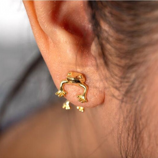 Picture of Ear Jacket Stud Earrings Gold Plated Frog Animal 1 Pair