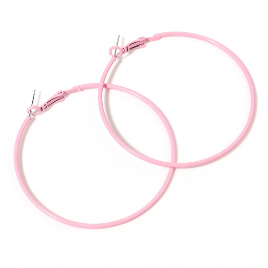 Picture of Hoop Earrings Pink Enamel Round 6cm Dia, Post/ Wire Size: (21 gauge), 1 Pair
