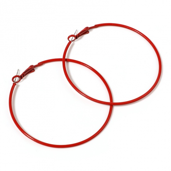 フープピアス 赤 エナメルチャーム 円形 6cm直径、 1 ペア の画像