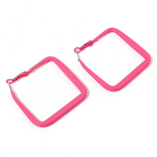 Picture of Hoop Earrings Fuchsia Painted Rectangle 4.8cm x 4.5cm, Post/ Wire Size: (21 gauge), 1 Pair