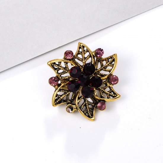 Picture of Zinc Based Alloy Pin Brooches Flower Antique Bronze Light Pink Rhinestone 3.5cm x 3.5cm, 1 Piece