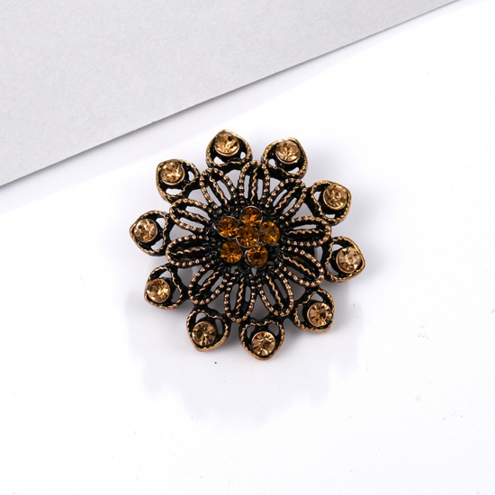 Picture of Zinc Based Alloy Pin Brooches Flower Antique Bronze Coffee Rhinestone 3.3cm x 3.3cm, 1 Piece