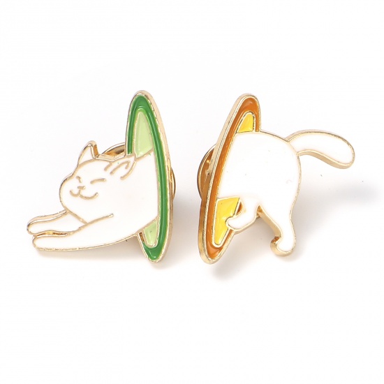 Picture of Zinc Based Alloy Pin Brooches Cat Animal Multicolor Enamel 22mm x 19mm 22mm x 17mm, 1 Pair