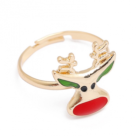 Immagine di Aperto Regolabile Anello Oro Placcato Rosso & Verde Smalto Renna di Natale 16mm (taglia di US: 5.25), 1 Pz