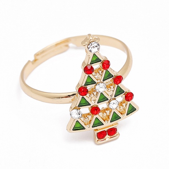 Immagine di Aperto Regolabile Anello Oro Placcato Verde Smalto Trasparente & Rosso Strass Albero di Natale 16mm (taglia di US: 5.25), 1 Pz