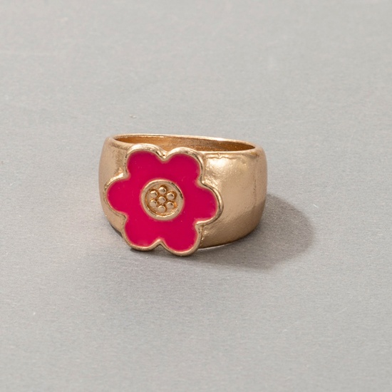 Picture of Unadjustable Rings Gold Plated Fuchsia Enamel Flower 17mm(US Size 6.5), 2 PCs