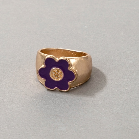 Picture of Unadjustable Rings Gold Plated Purple Enamel Flower 17mm(US Size 6.5), 2 PCs