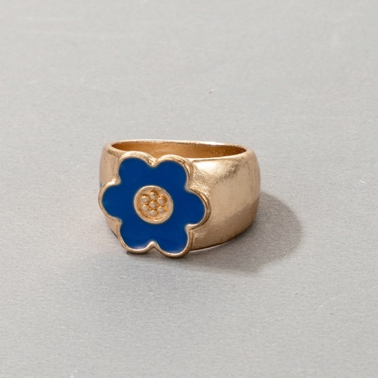 Picture of Unadjustable Rings Gold Plated Blue Enamel Flower 17mm(US Size 6.5), 2 PCs